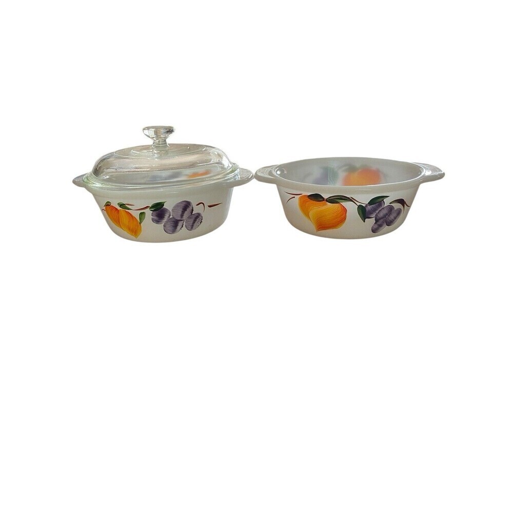2 Fire King Gay Fad 1 Pt Casseroles & 1 Glass Lid #447 Fruit Anchor Hocking MCM
